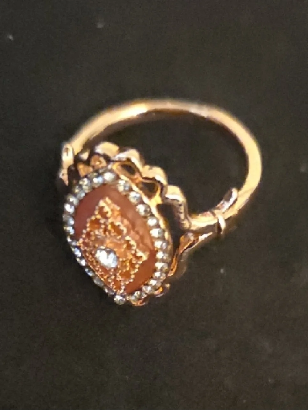 Delicate Gold-Tone Filigree Pink Resin Ring with Crystal Accents